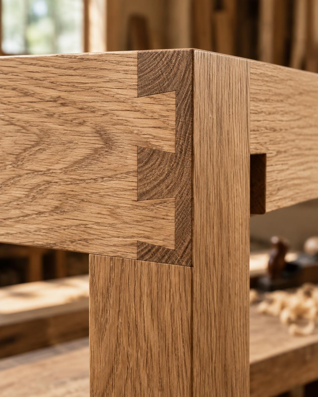 Präzise Holzverbindung aus Eiche in einer Werkstatt